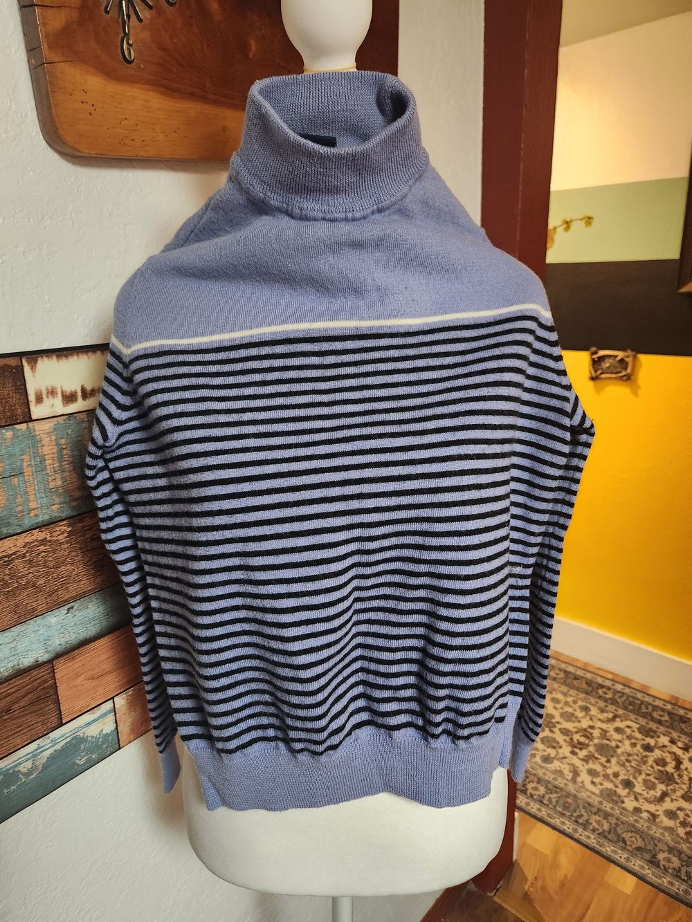 Turtleneck Striped Knit Sweater - Light Blue/Black